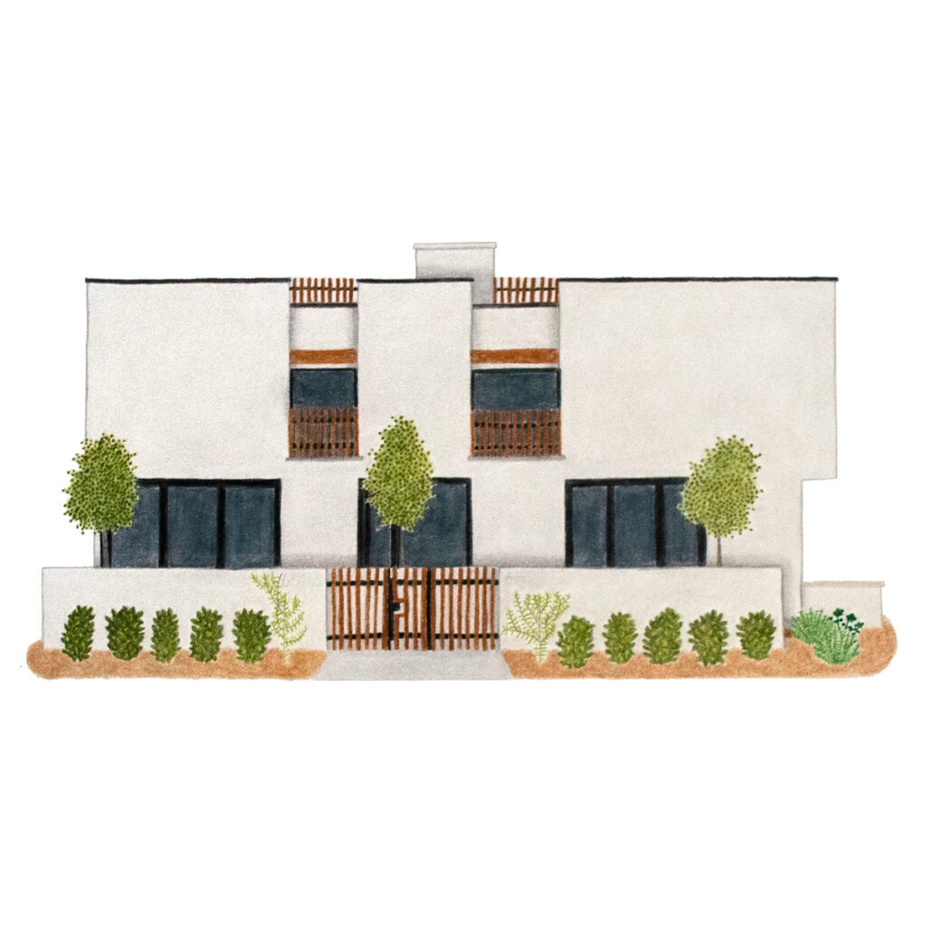 Custom illustrated portrait of an abstract contemporary home with modern architectural lines, bold shapes, and vibrant hand-drawn artistic style