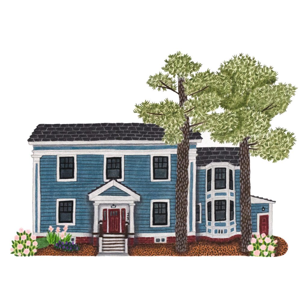 Custom illustrated portrait of a blue colonial home with symmetrical architecture, classic details, and hand-drawn painterly textures