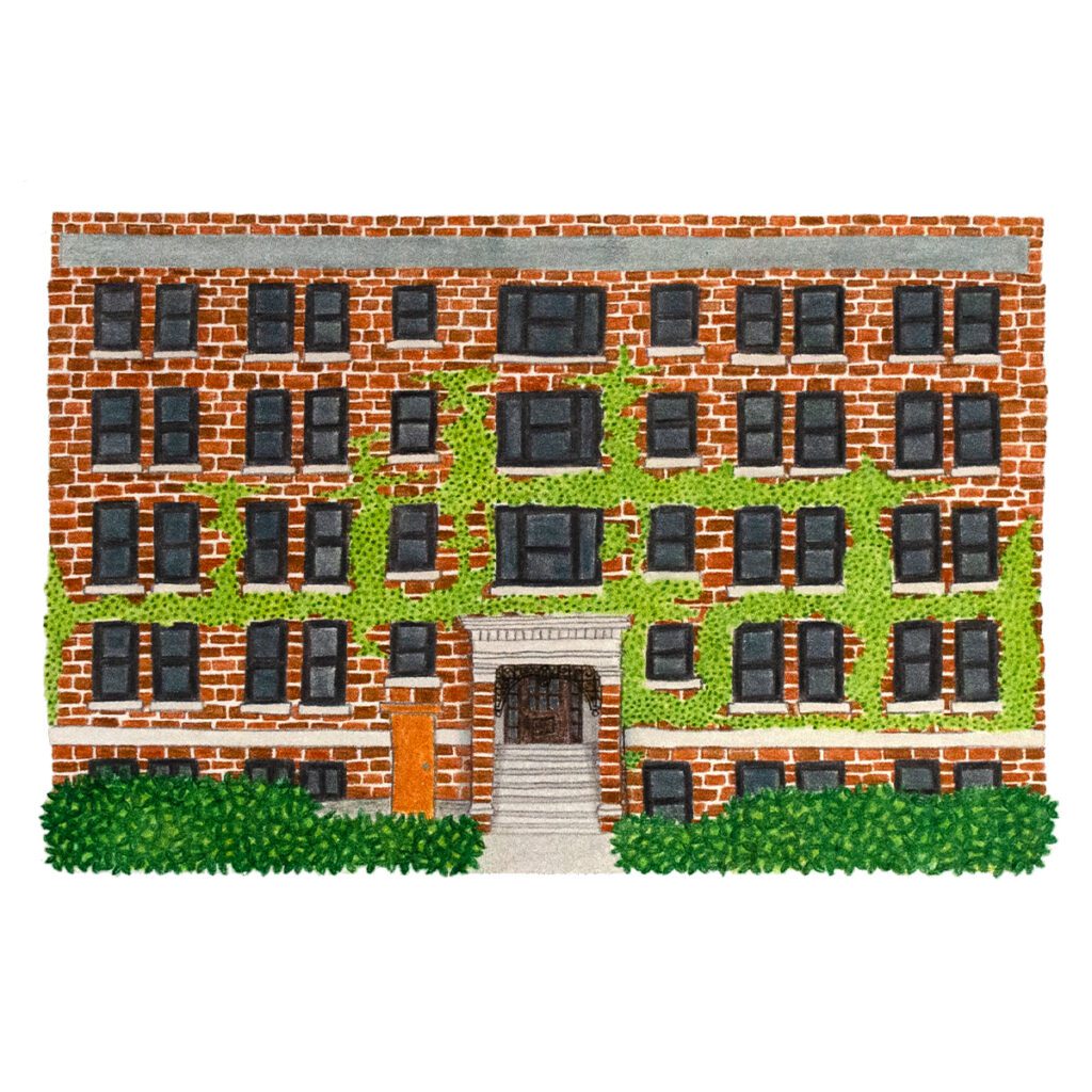 brick apartment building portrait custom illustration urban home art