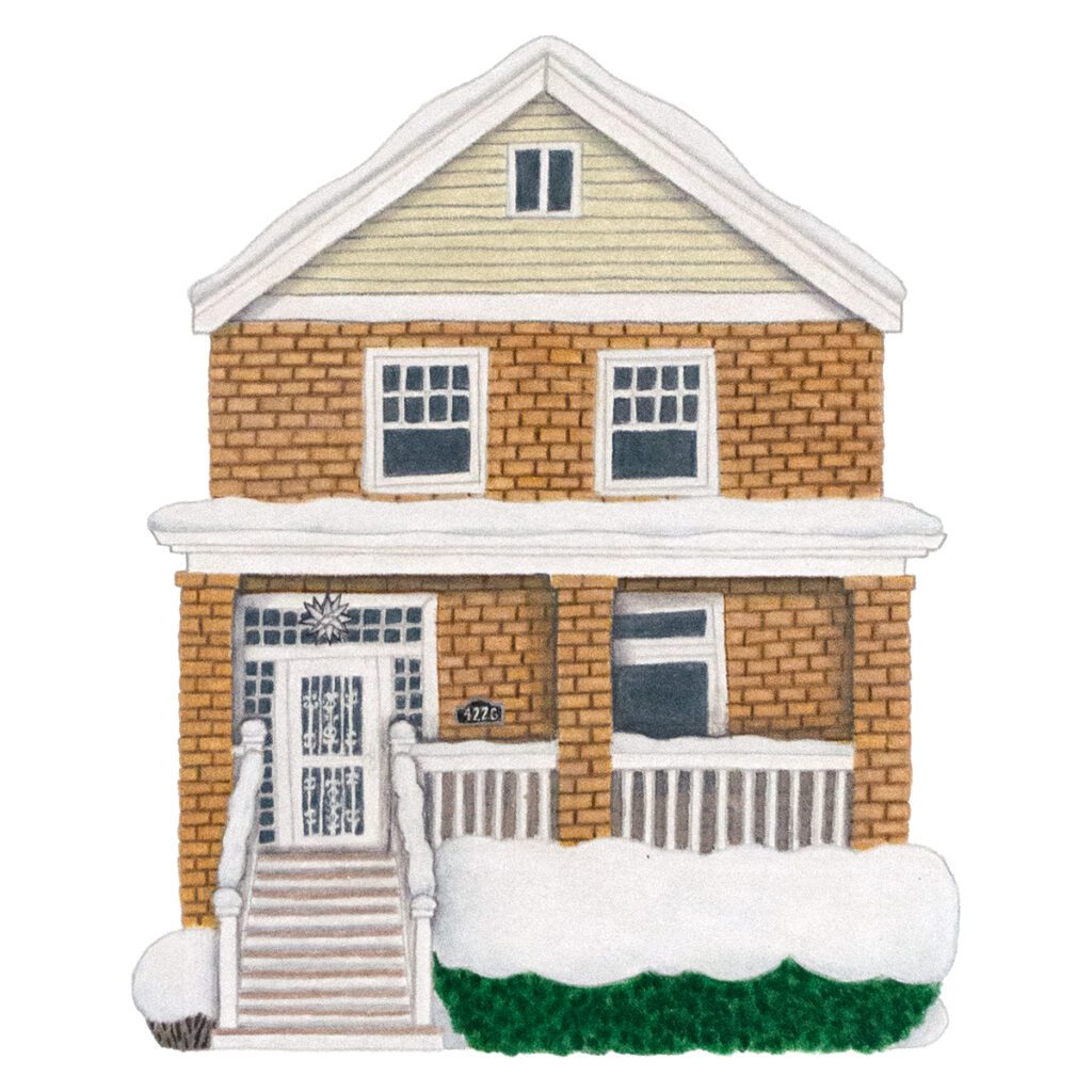 Custom illustrated portrait of a brick city house surrounded by snow, featuring detailed architectural elements and a cozy winter hand-drawn style