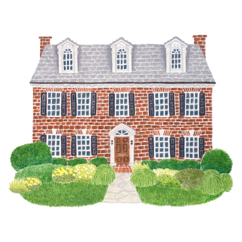 Custom illustrated portrait of a brick colonial home with classic symmetrical architecture, detailed windows, and hand-drawn artistic textures