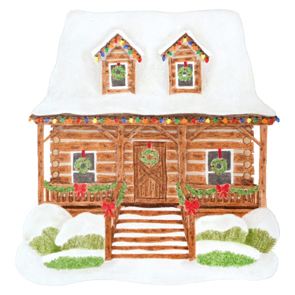 Custom illustrated portrait of a cozy Christmas cabin decorated for the holidays, surrounded by snow and festive charm in a hand-drawn artistic style