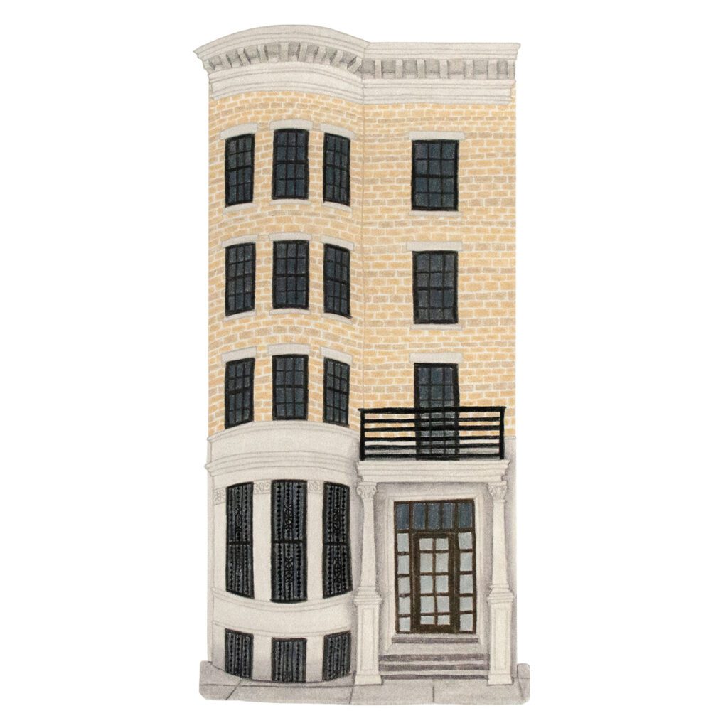 Custom illustrated portrait of a creamy brick townhouse with charming architectural details, urban style, and hand-drawn artistic textures