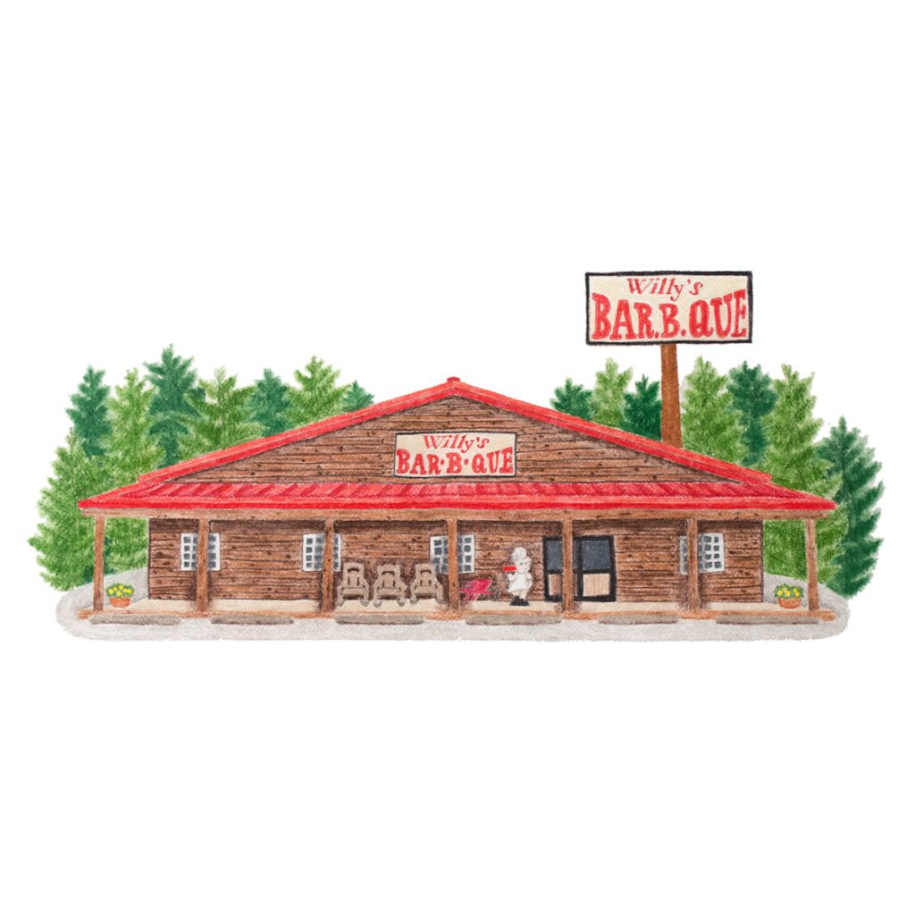 Custom illustrated portrait of a BBQ restaurant with rustic exterior details, signage, and inviting charm in a whimsical painterly watercolor style