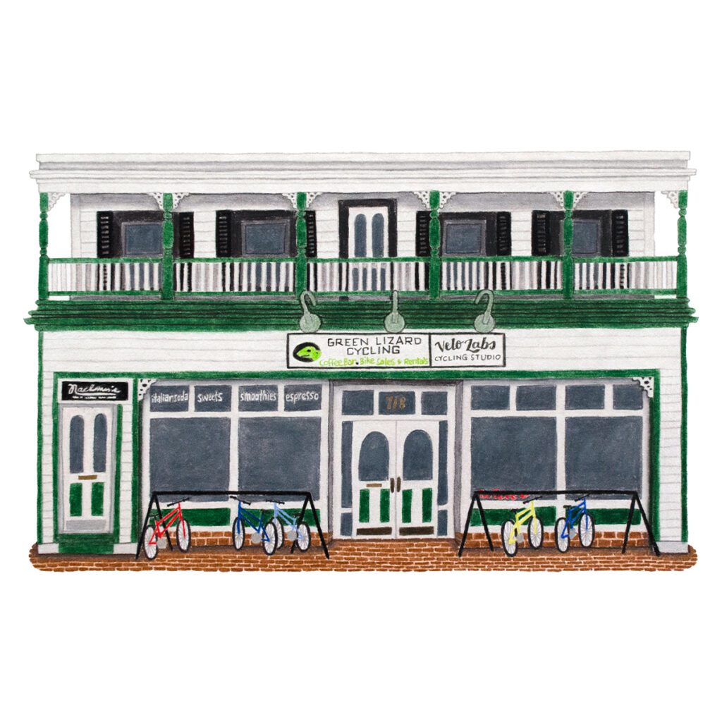 Custom illustrated portrait of a bike shop with storefront details, signage, and charming architectural features in a hand-painted artistic style