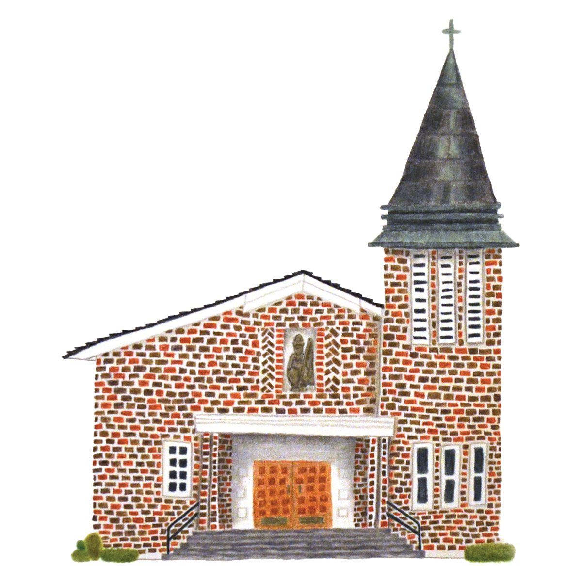 Custom illustrated portrait of a charming brick church with a steeple and detailed architectural features in a whimsical watercolor style