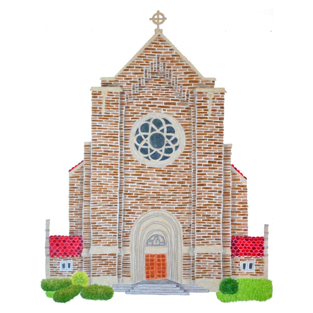 Custom illustrated portrait of a historic stone church with tall steeple, intricate stonework, and classic architectural details in a hand-painted artistic style