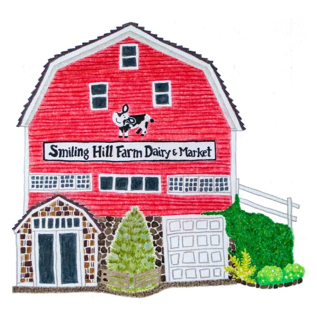 Custom illustrated portrait of a classic red barn with rustic details and wooden textures in a whimsical storybook watercolor style