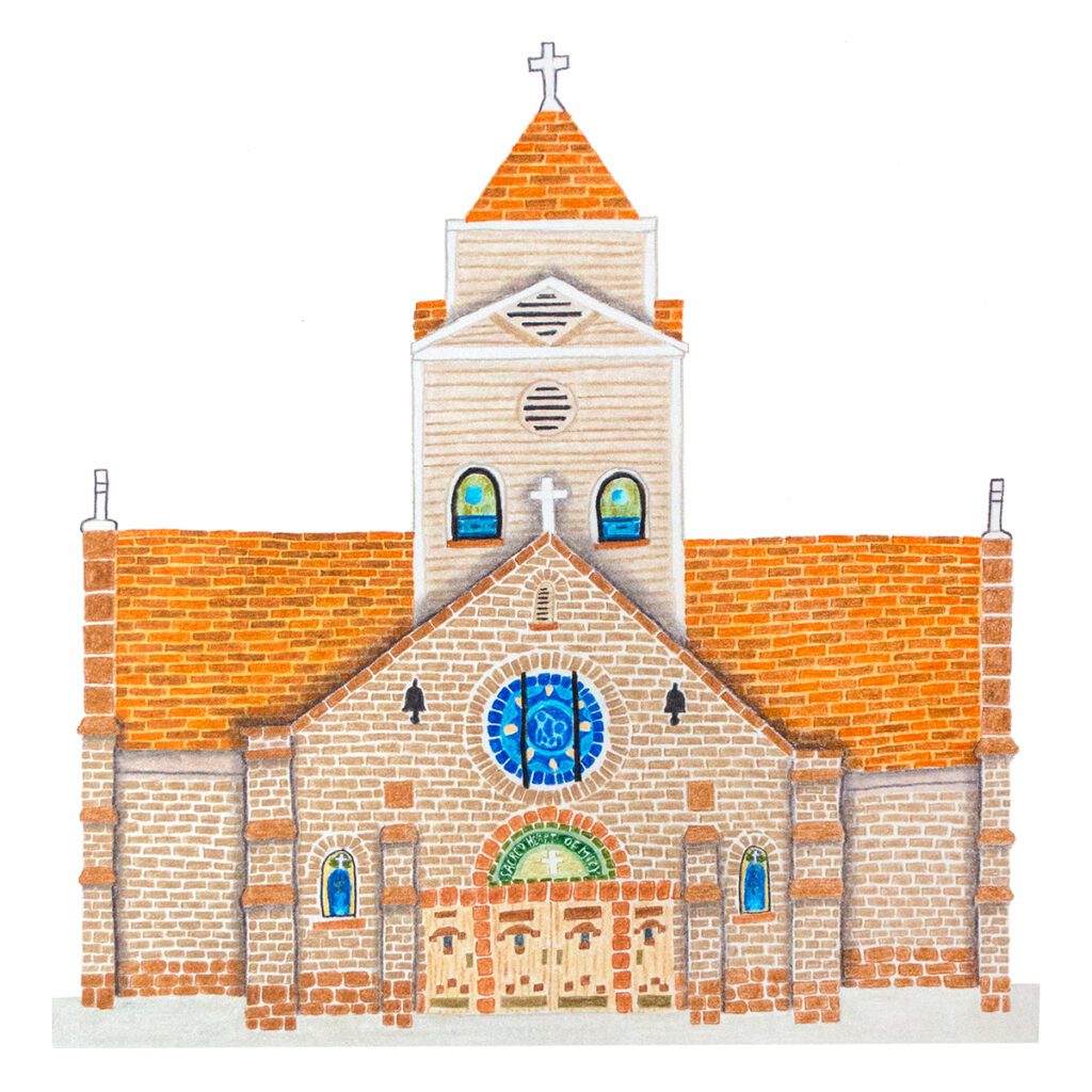Custom illustrated portrait of a stone church with traditional architecture, detailed stonework, and classic steeple in a hand-painted artistic style