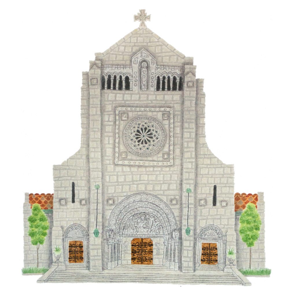 Custom illustrated portrait of a stone church with detailed architectural features, steeple, and historic charm in a hand-painted artistic style