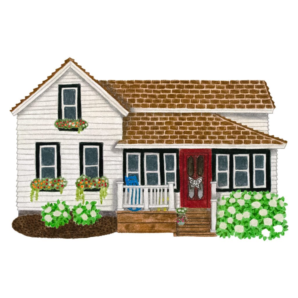 Custom illustrated house portrait of a charming cozy cottage with warm details and inviting character, painted in a hand-drawn artistic style