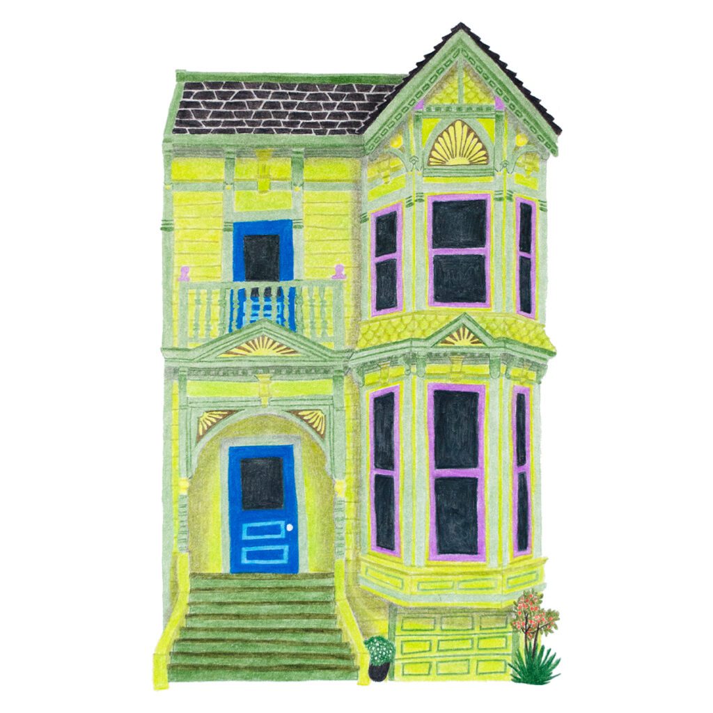Custom illustrated house portrait of a yellow home surrounded by a large, colorful flower garden with charming architectural details in a hand-painted artistic style