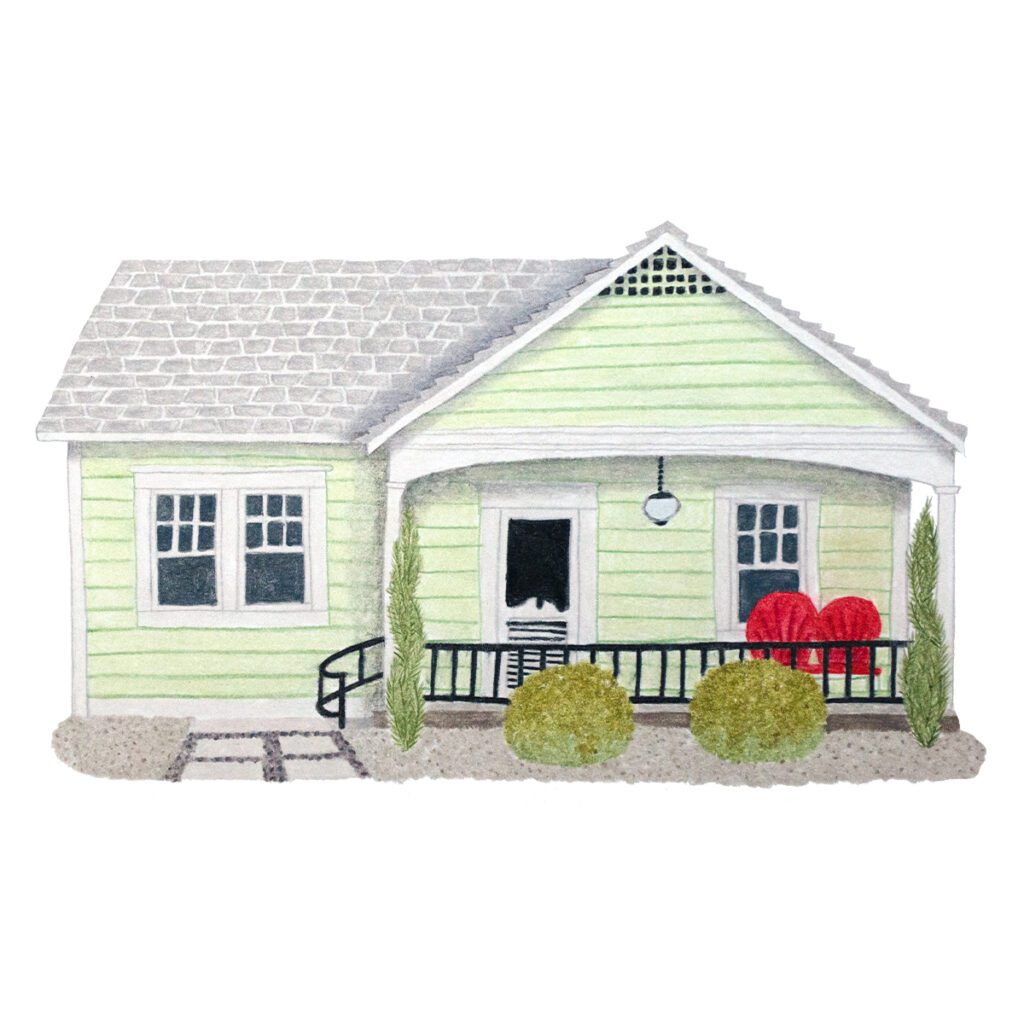 Custom illustrated portrait of a charming green craftsman style home with artistic hand-drawn details, perfect as a unique keepsake or gift