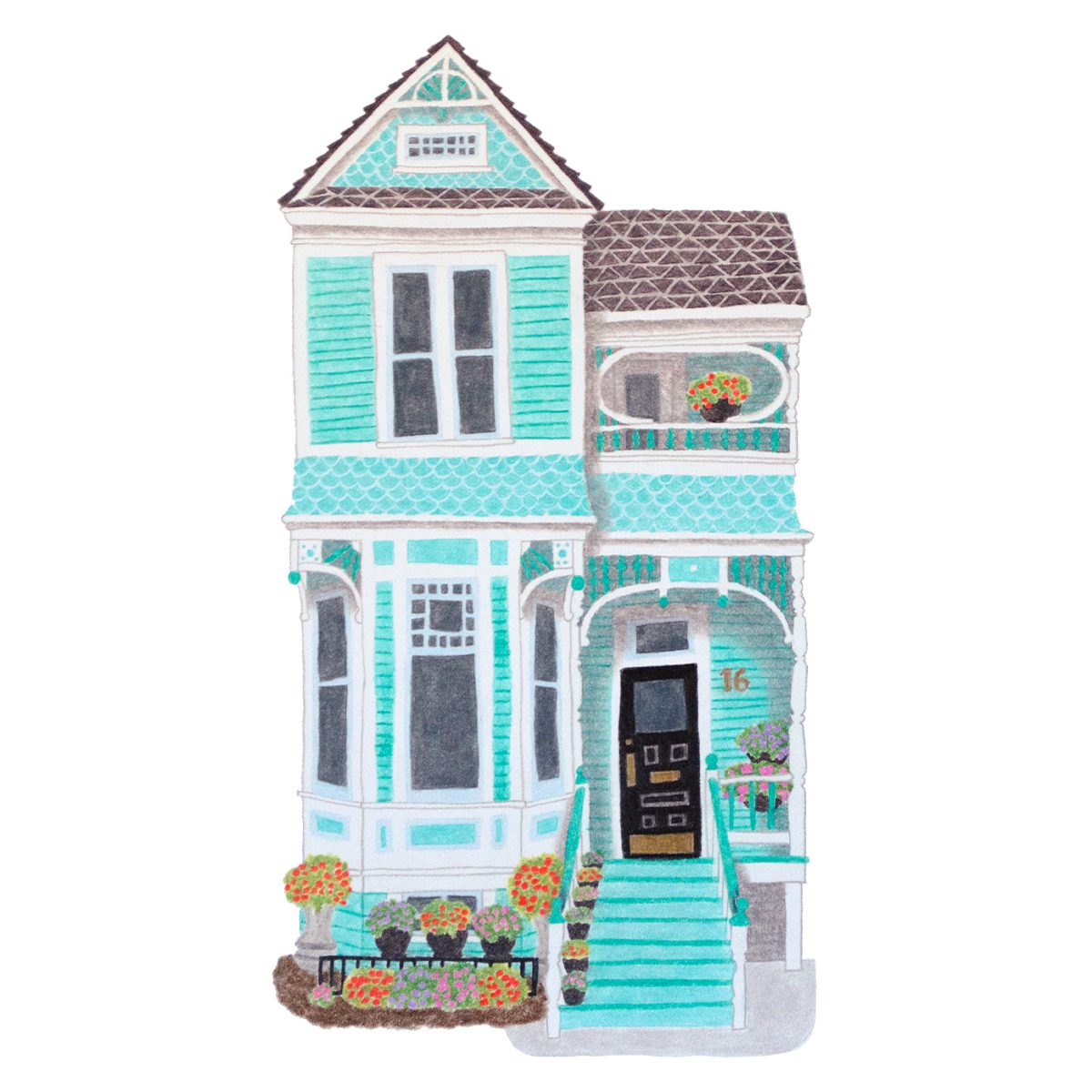 Custom illustrated house portrait of an aqua Victorian home with ornate trim and charming architectural details in a colorful painterly watercolor style