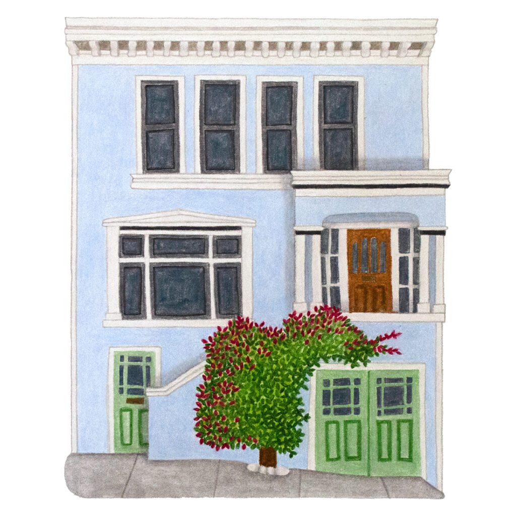 Custom illustrated house portrait of a charming baby blue townhouse with detailed architectural features in a whimsical storybook watercolor style