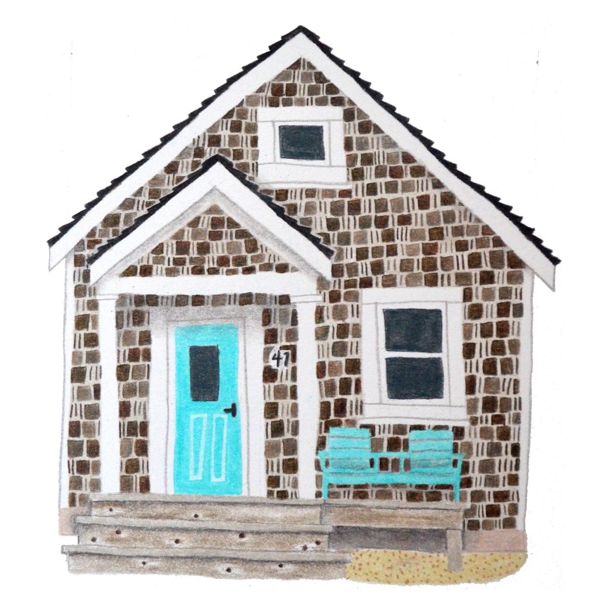 Custom illustrated house portrait of a charming beach house with coastal details, created in a colorful storybook watercolor style