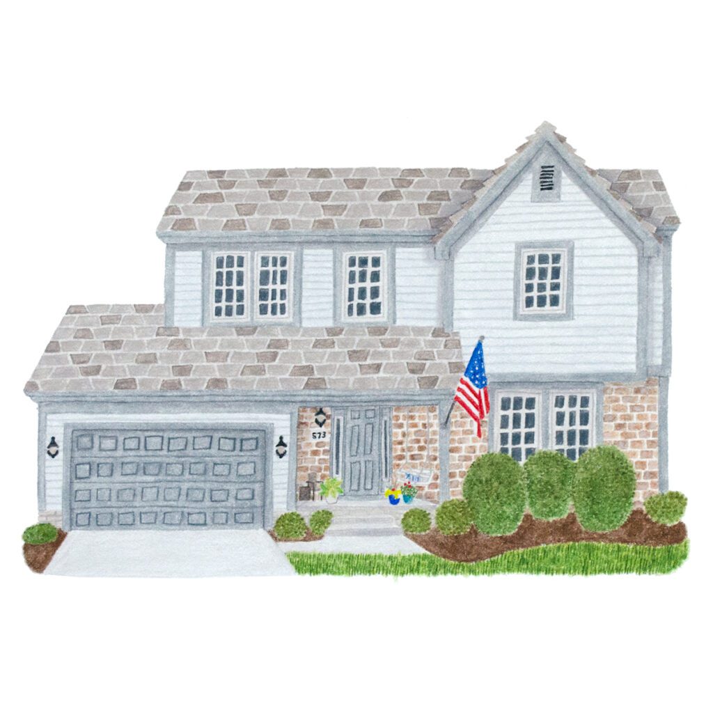 Custom house portrait illustration of a blue suburban home with front yard landscaping, charming details, and hand-painted style