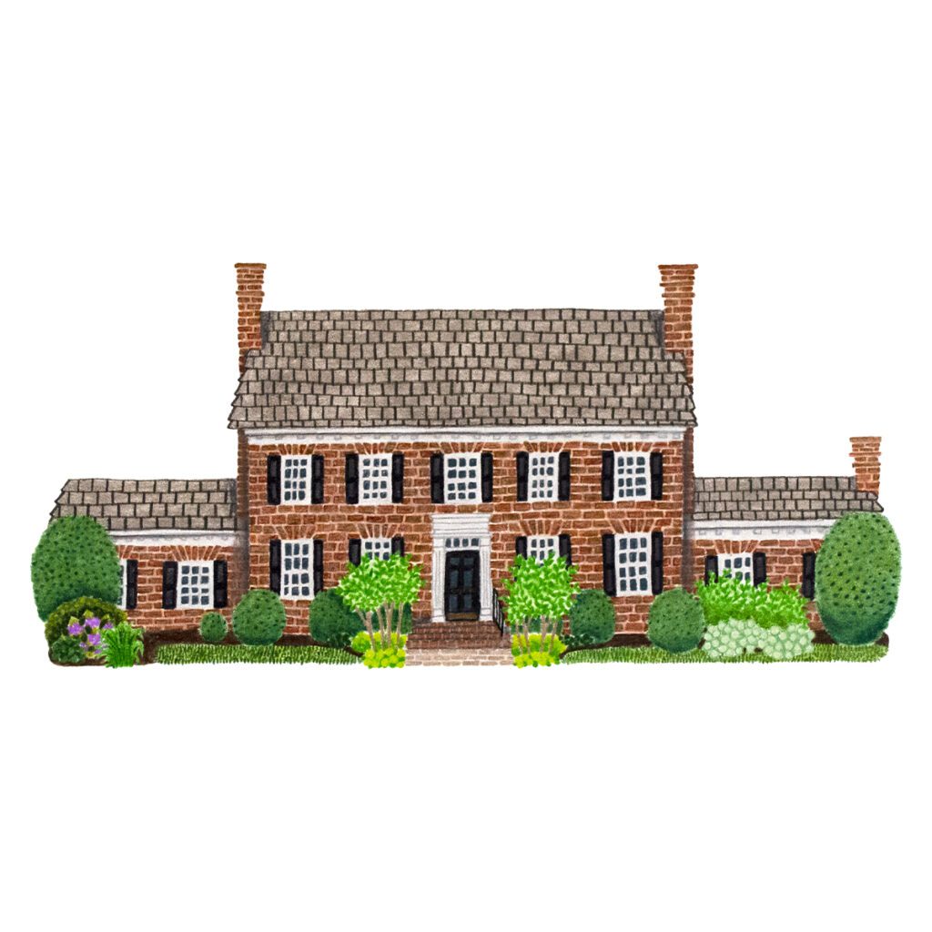 Custom house portrait illustration of a classic brick colonial home with timeless architecture, detailed windows, and a hand-painted artistic style
