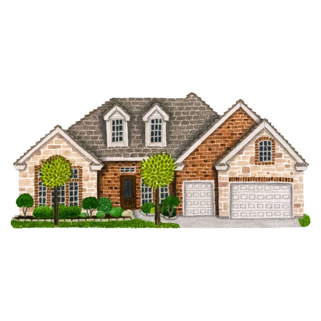 Custom illustrated house portrait of a classic brick suburban home with charming architectural details in a whimsical storybook watercolor style