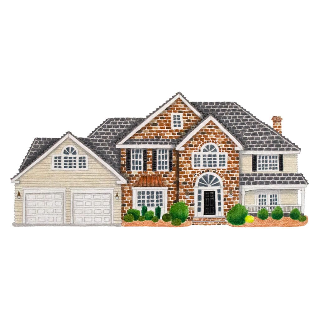 Custom illustrated house portrait of a brick suburban residence with charming architectural details and a welcoming design in a whimsical painterly watercolor style