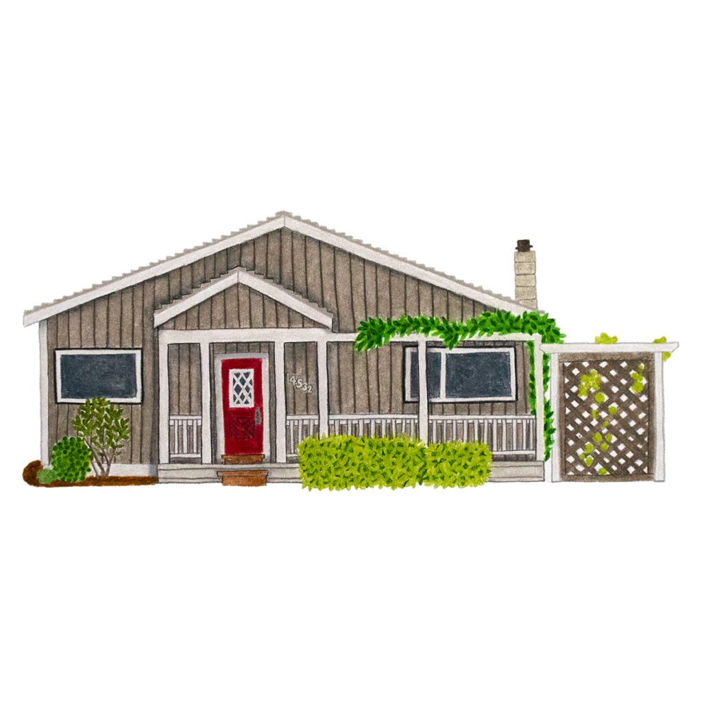 Custom house portrait illustration of a brown cottage with cozy charm, surrounded by nature and painted in a warm, hand-drawn style
