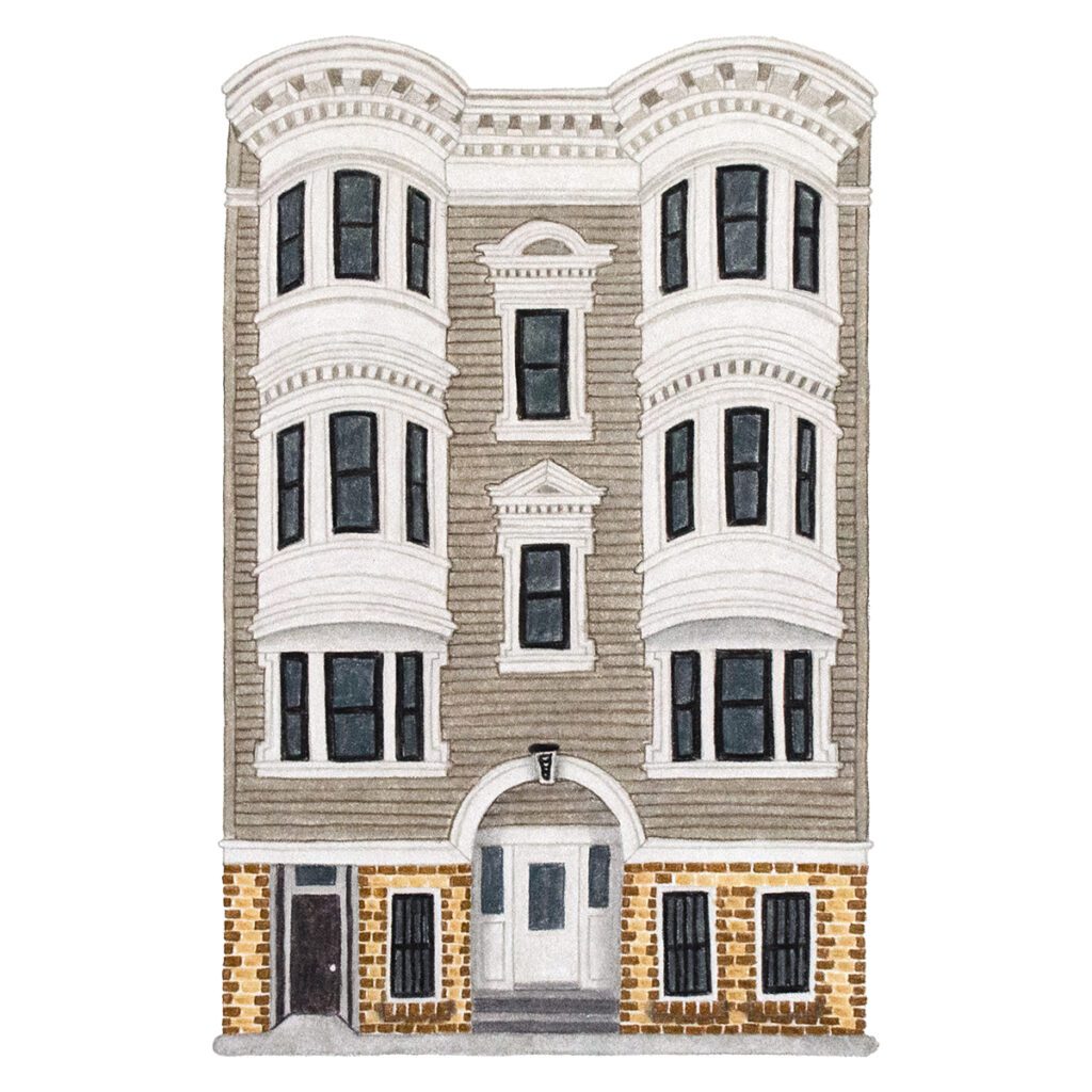 Custom illustrated house portrait of a classic brownstone townhouse with detailed façade and charming urban architectural features in a whimsical storybook watercolor style