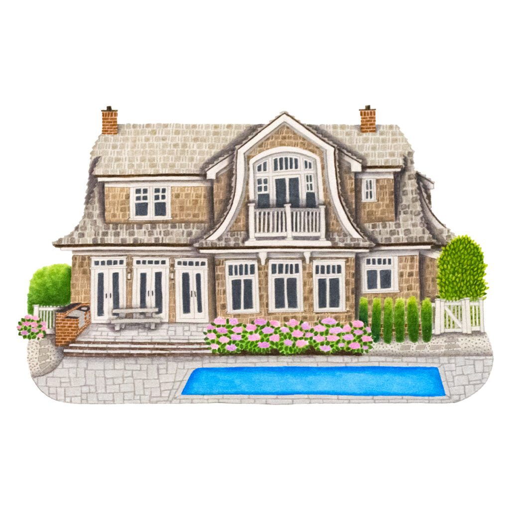 Custom illustrated house portrait of a Cape Cod style home with steep gable roof, symmetrical design, and charming architectural details in a whimsical storybook watercolor style