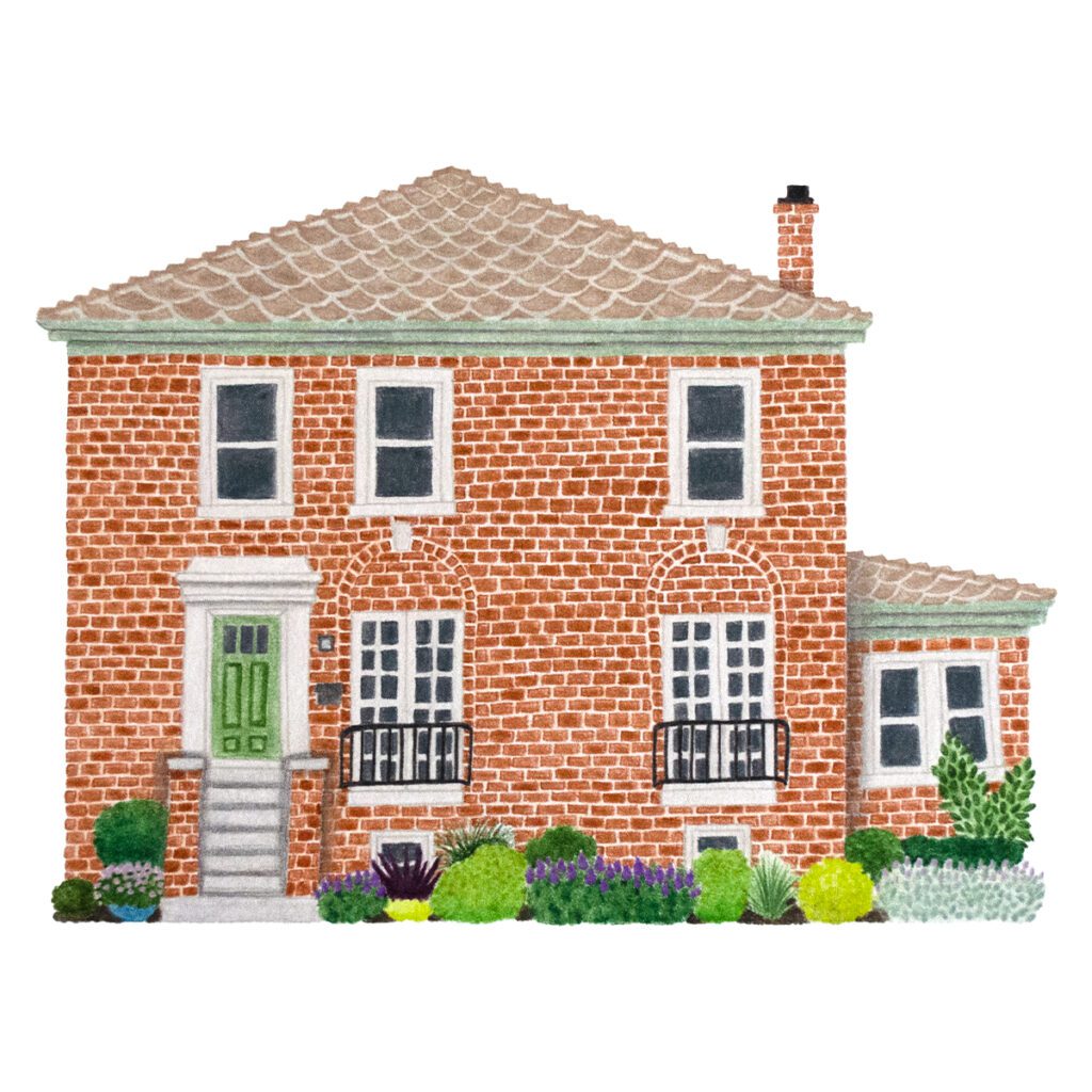 Custom illustrated house portrait of a classic brick home with charming architectural details and timeless design in a painterly storybook style