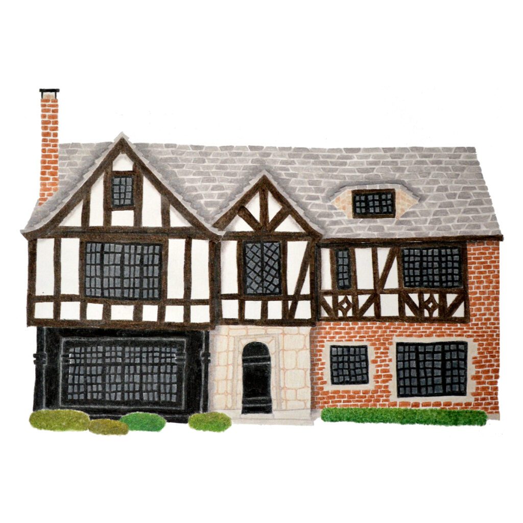 Custom illustrated house portrait of a classic Tudor style home with steep gables and decorative brickwork in a whimsical watercolor style