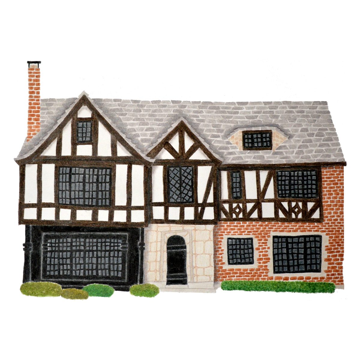 Custom illustrated house portrait of a classic Tudor style home with steep gables and decorative brickwork in a whimsical watercolor style