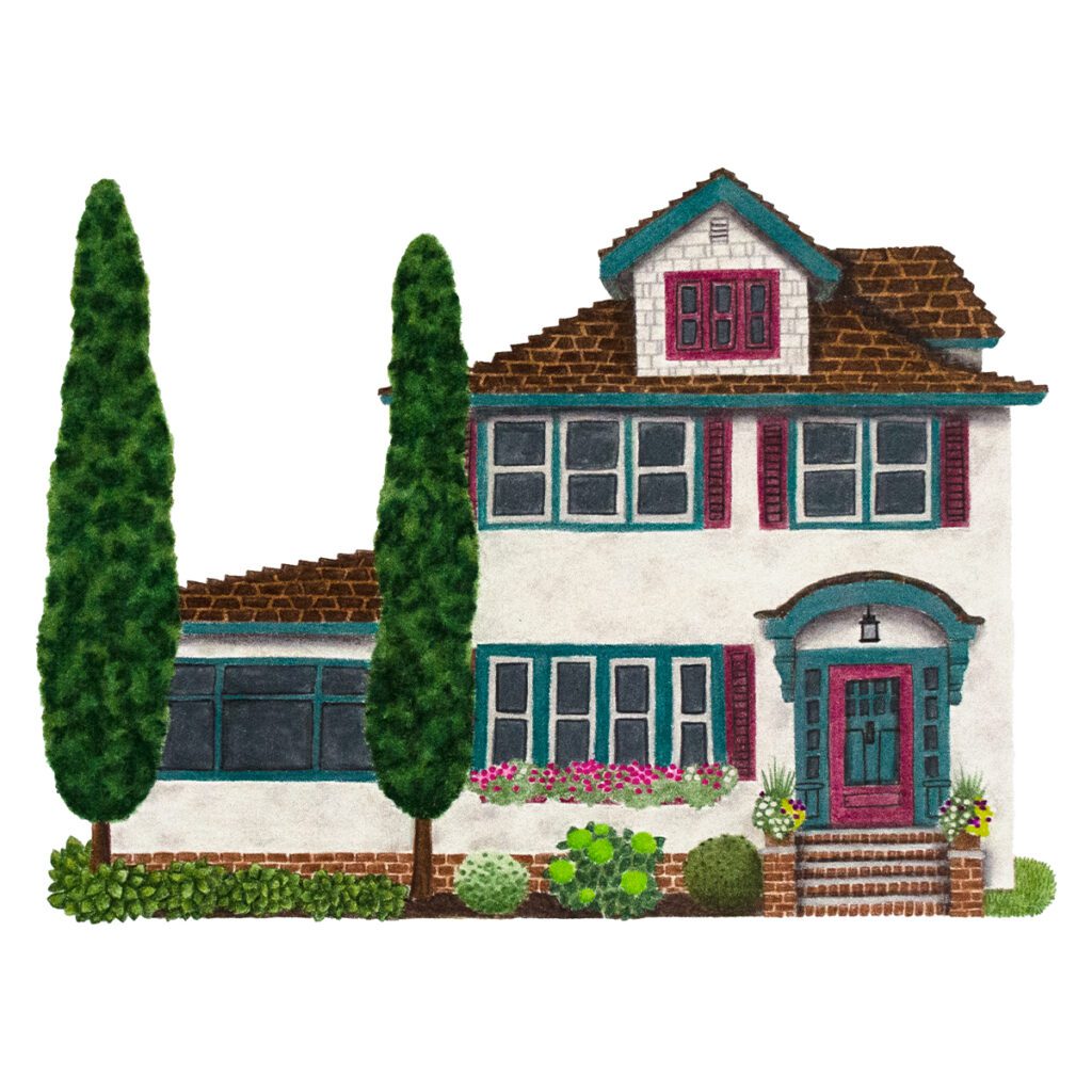 Custom illustrated house portrait of a charming colorful old home with detailed architectural features in a whimsical storybook watercolor style