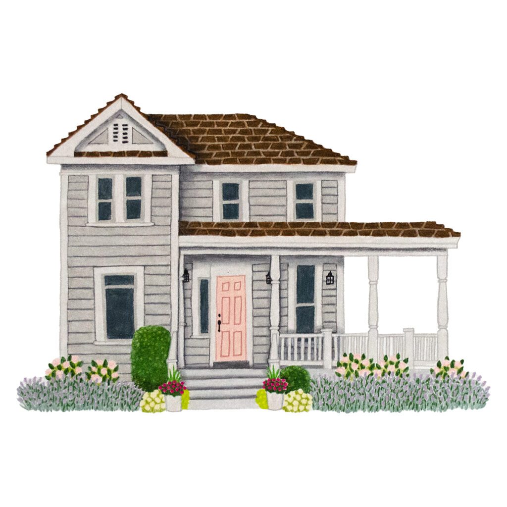 Custom illustrated house portrait of a country farmhouse surrounded by lavender blooms, rustic charm, pitched roof, and detailed hand-drawn style