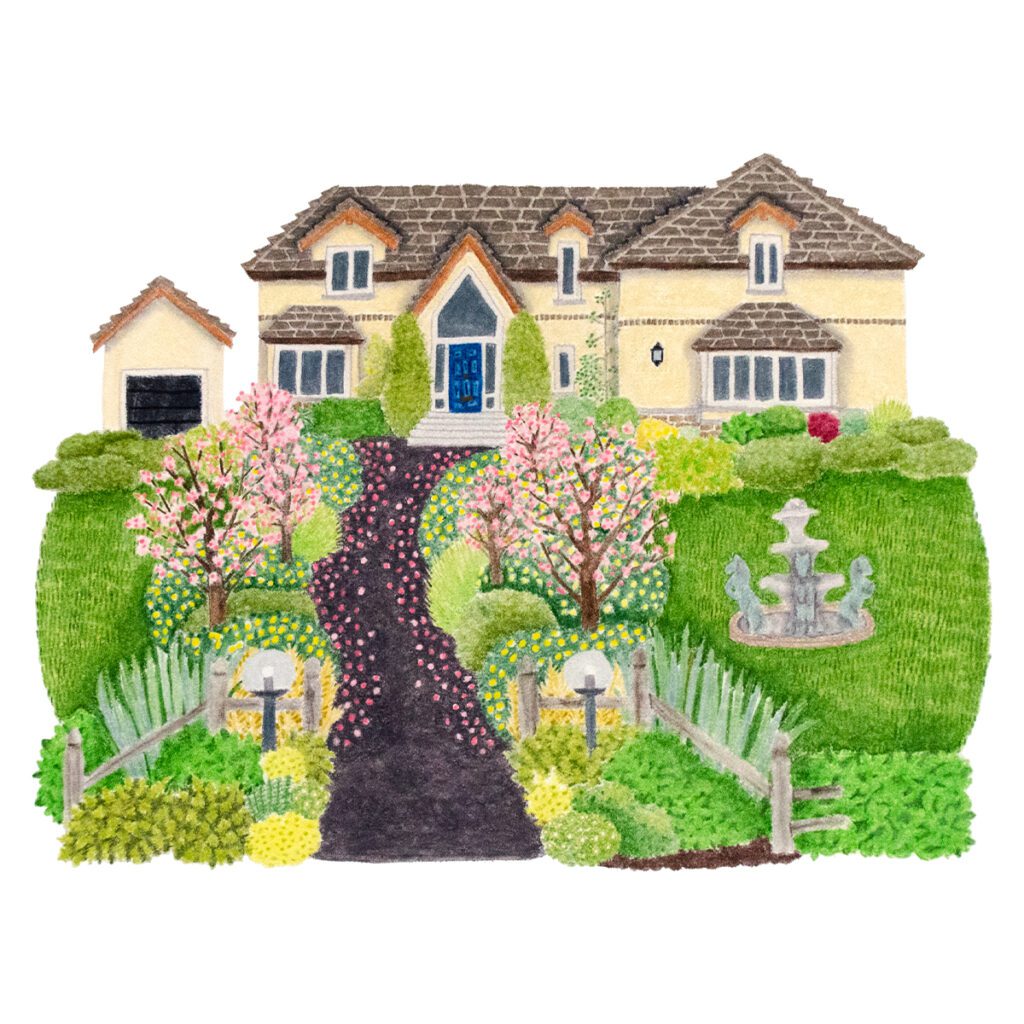 Custom illustrated house portrait of an English country home with a large, lush garden and charming architectural details in a whimsical storybook watercolor style