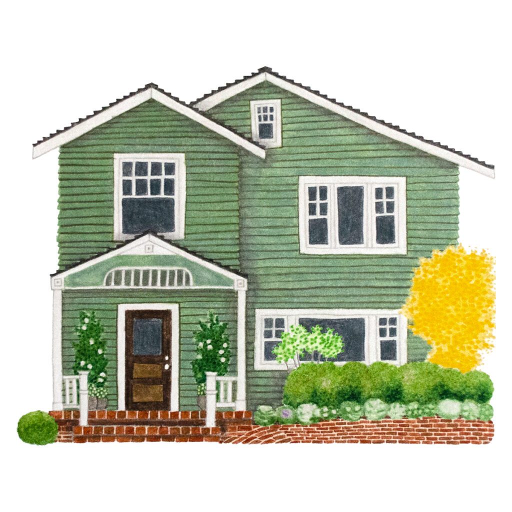 Custom illustrated house portrait of a charming evergreen cottage surrounded by lush trees and greenery in a whimsical storybook watercolor style