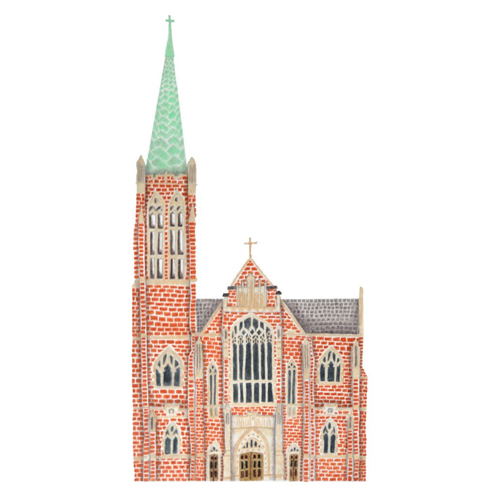 Custom illustrated portrait of a gothic style brick church with tall steeple and dramatic architectural details in a moody painterly art style