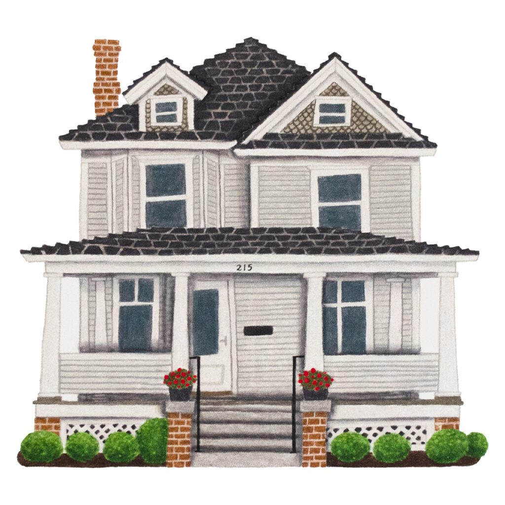 Custom house portrait illustration of a gray craftsman style home with architectural details, front porch, and landscaped yard in hand-painted style