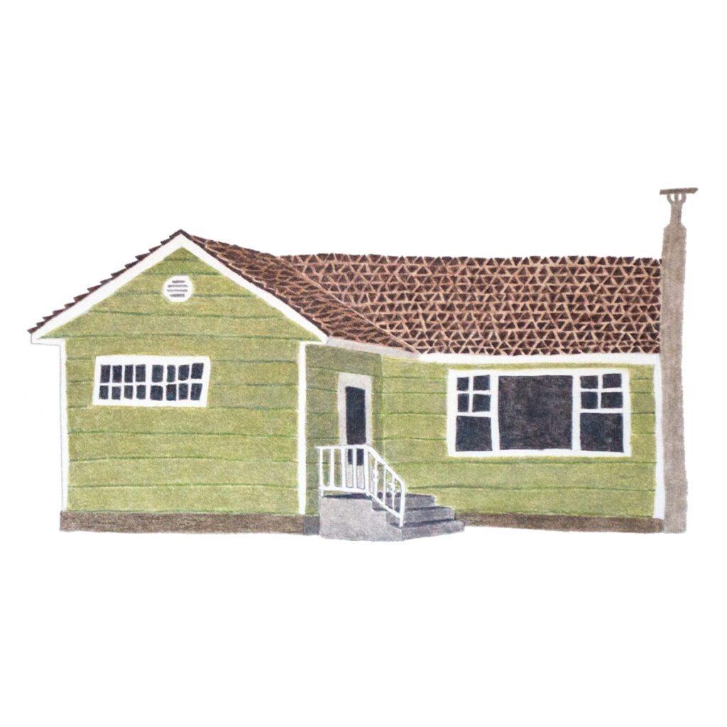 Custom illustrated house portrait of a green home with charming architectural details, surrounded by trees, in a hand-painted artistic style
