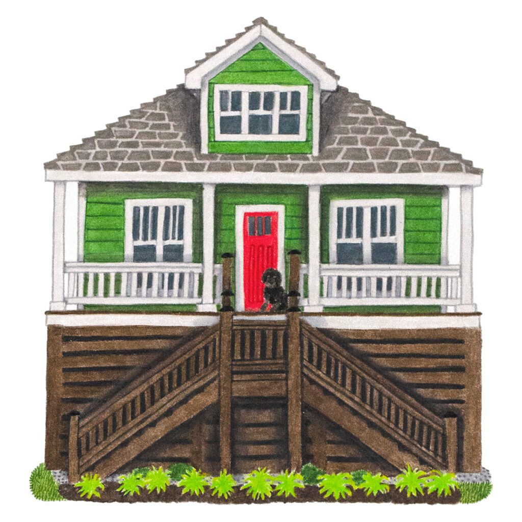 Custom illustrated house portrait of a charming green home with architectural details and whimsical features in a storybook watercolor style