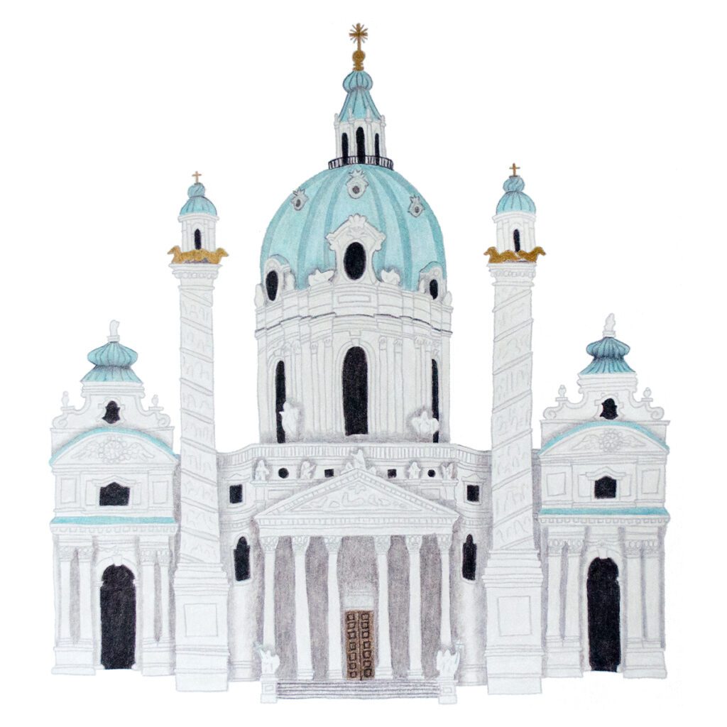 Custom illustrated portrait of the Karlskirche in Vienna Austria, featuring its grand baroque dome, twin columns, and ornate architectural details in a painterly art style