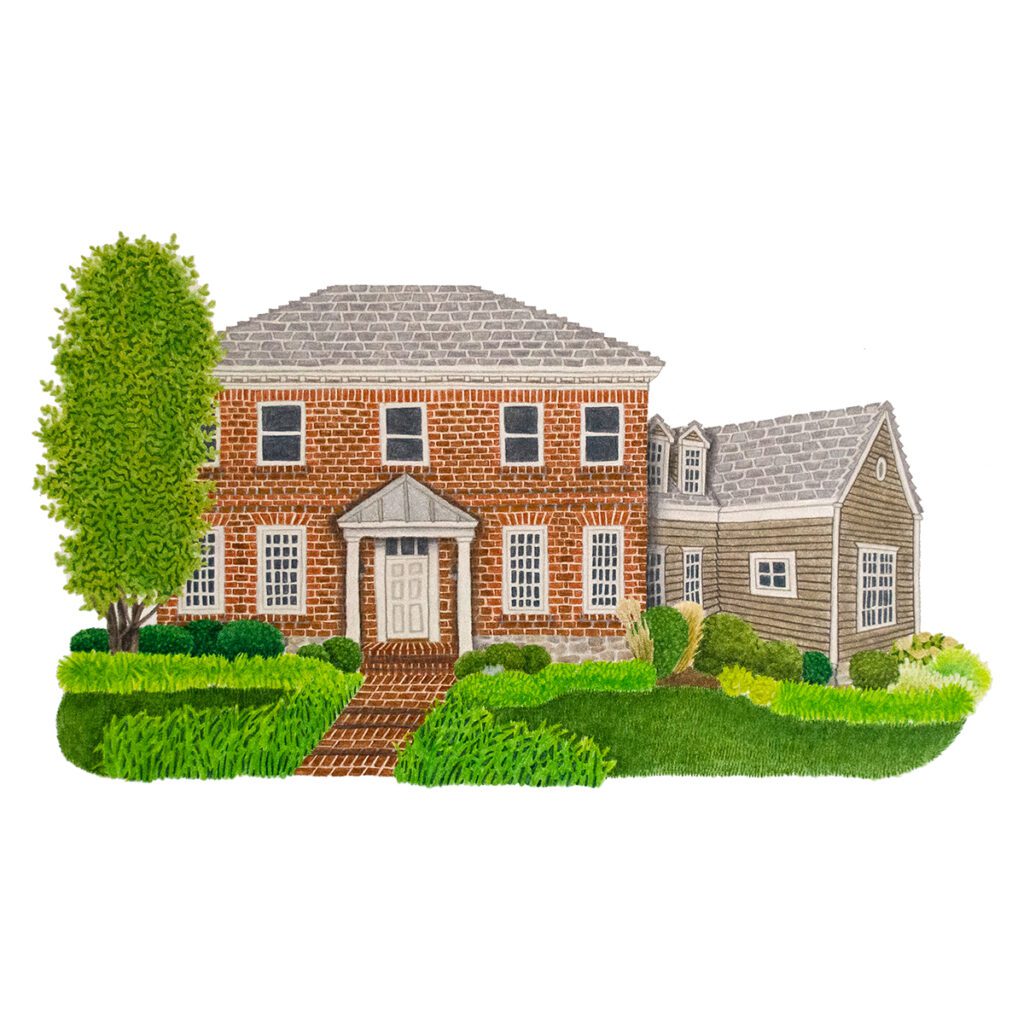 Custom house portrait illustration of a large brick home with classic architectural details, grand façade, and hand-painted artistic style
