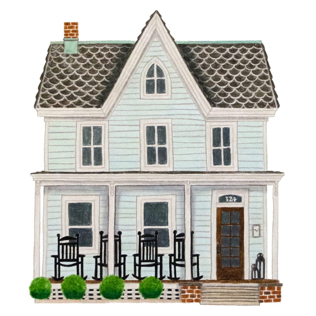 Custom illustrated house portrait of a charming mint green farmhouse with rustic details, pitched roof, and countryside character in a whimsical storybook watercolor style