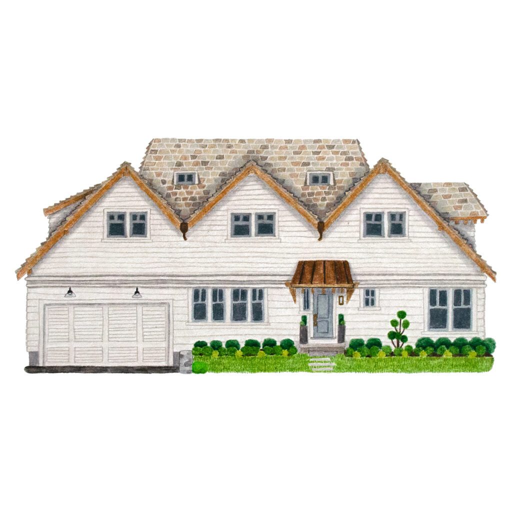 Custom illustrated house portrait of a modern suburban home with clean lines, contemporary architectural details, and a painterly style in a whimsical storybook watercolor