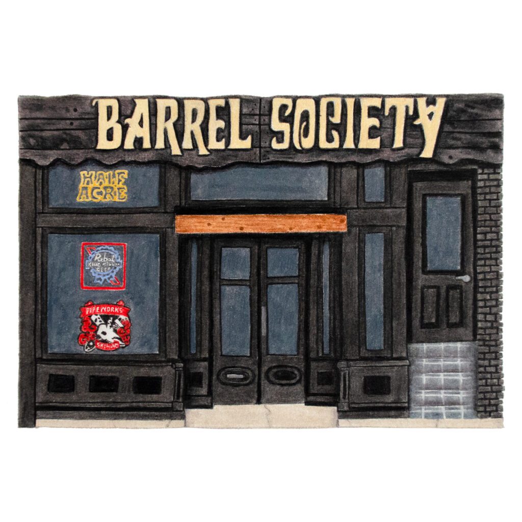 Custom illustrated house portrait of a historic moody brewery building with rustic charm and painterly architectural details in an artistic style