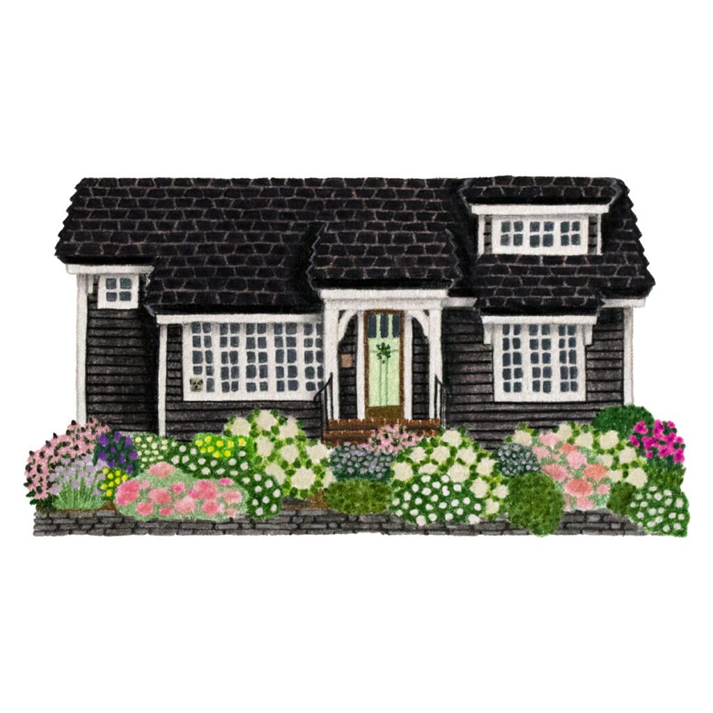 Custom illustrated house portrait of a moody cottage surrounded by a lush garden with charming architectural details in a whimsical painterly watercolor style