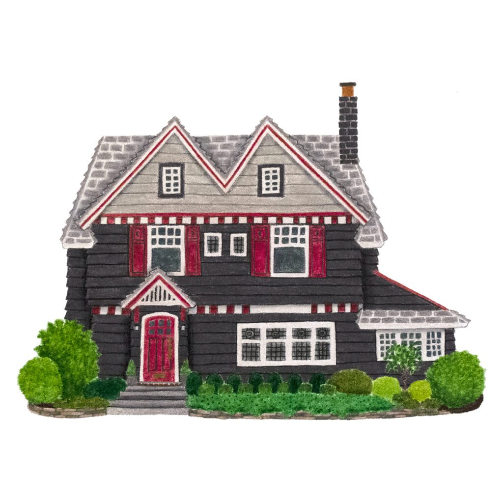 Custom illustrated house portrait of a moody Tudor Revival home with steep gables, decorative brickwork, and half-timbered details in a painterly, atmospheric style
