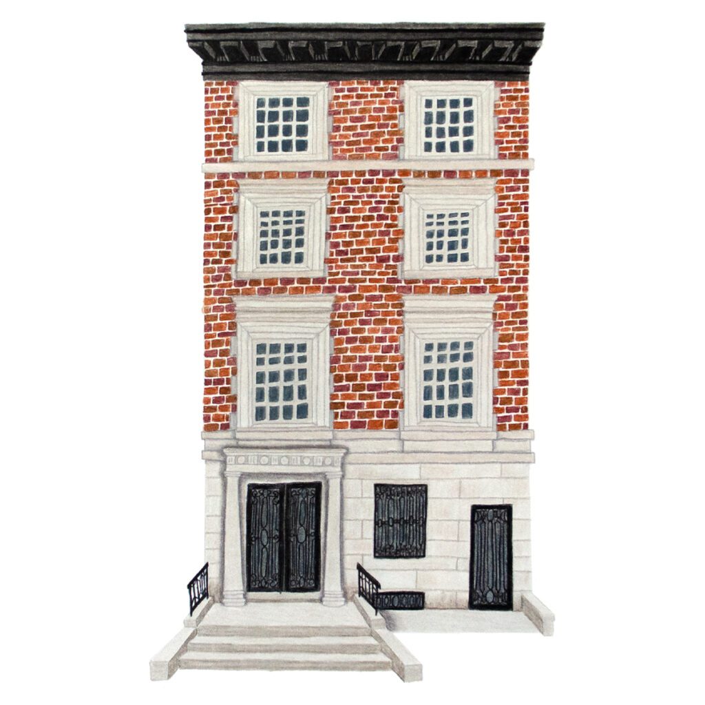 Custom illustrated house portrait of a classic New York brick townhouse with charming architectural details and urban character in a painterly storybook style