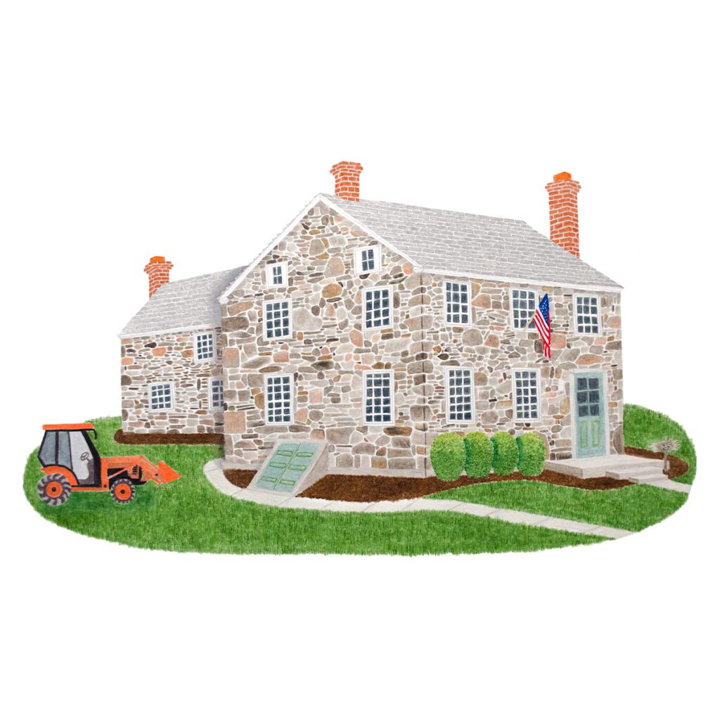 Custom illustrated portrait of an old stone farmhouse with rustic charm, weathered stone walls, pitched roof, and countryside character painted in a warm, storybook style