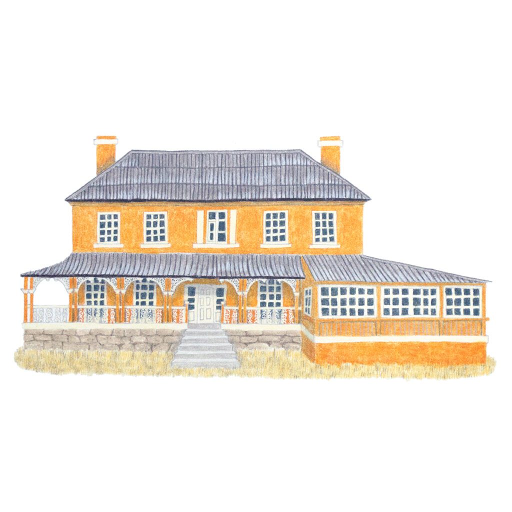 Custom illustrated house portrait of an orange farmhouse with rustic architectural details, pitched roof, and countryside charm in a vibrant painterly style