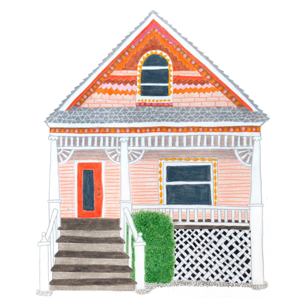 Custom illustrated house portrait of a colorful orange Victorian home with ornate trim and charming details in a whimsical watercolor style