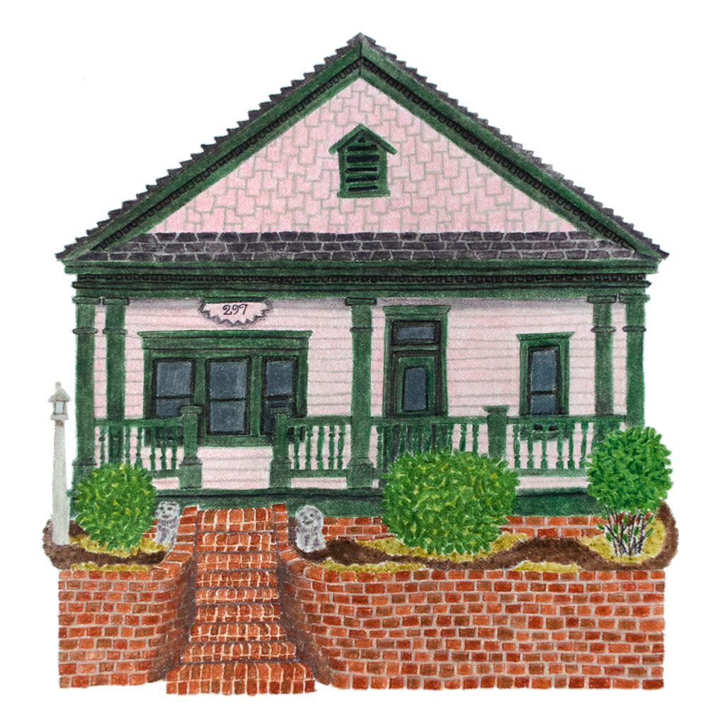 Custom illustrated house portrait of a pink and green Craftsman home with detailed woodwork, wide eaves, and charming architectural features in a vibrant hand-drawn artistic style